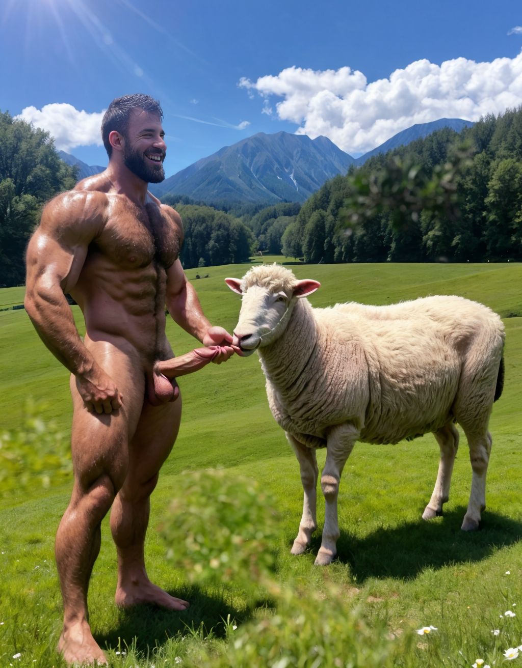 Dos hombres desnudos musculosos velludos están son pastores de ovejas en el prado verde. Están contentos y alegres. Tienen el pene grande de donde sale mucho semen líquido blanco. Tienen los testículos grandes y peludos.