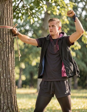 El good boy está amordazado, atado a un árbol, su mirada es.de deseo y miedo, es atlético, intenta soltar sus brazos de las cuerdas que los atados