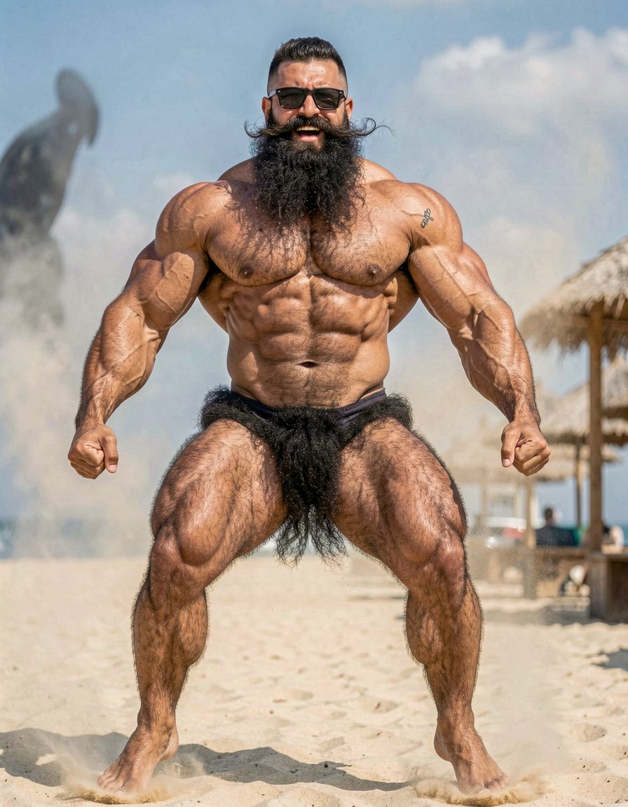 A highly detailed full-body nude photograph of a 40-year-old dominant muscle bear named Hipsterbarba, standing confidently in a well-lit studio with dramatic lighting that accentuates every muscle. He is 180cm tall, 80kg with 8% body fat, extremely muscular and symmetrical. Massive rounded hairy pecs with clear separation and dark pointed nipples, shredded six-pack abs with deep cuts and visible obliques forming a strong V-taper, wide shoulders, vascular arms, huge quads and defined legs. Very dense black masculine body hair covering his chest, running down in a thick treasure trail to a very bushy dark pubic area. He has a perfectly groomed long Bandholz beard that reaches mid-chest, thick mustache with curled upward spiral ends, modern high fade undercut hairstyle, black hipster glasses, and a small tattoo on his right bicep that reads 