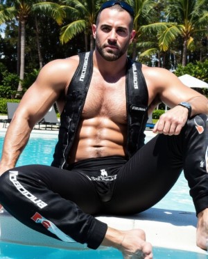 Amo atractivo de 40 años deportista vestido con pantalón de chándal y chaleco, en el borde de la piscina, con mirada de vicio. 