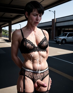 (masterpiece), (alta resolución), (fotografía ultra realista:1.3), hombre de mediana edad sin musculatura y sin barba y pelo corto con facciones femeninas, pene apenas visible pero se percibe debajo de unas bragas de color rojo claras con encajes florales negros, las bragas están manchadas de flujo de mujer 8se ve una mancha de flujo femenino en la tela) y han sido sudadas por una mujer previamente, lleva unas medias blancas que tiene una liga de encaje negra, lleva también un sujetador negro con adornos de encaje rosa, expresión muy avergonzada, esta llena de restos de semen y corridas en su cuerpo. Su mirada está baja, evitando el contacto visual con la cámara, lo que enfatiza su vergüenza y sumisión, cabello corto, fondo de un aparcamiento al exterior, iluminación lateral de día, sombras realistas de exteriores, La ropa interior muestra signos de uso por una mujer con manchas de flujo femenino y sudor de hembra, con un olor a mujer que impregna el ambiente, agregando un toque de intimidad y erotismo a la escena, atmósfera íntima y sensual. La luz brillante resalta todos los detalles de la escena, creando una imagen vívida y sensual que explora los límites de la intimidad y el deseo.​