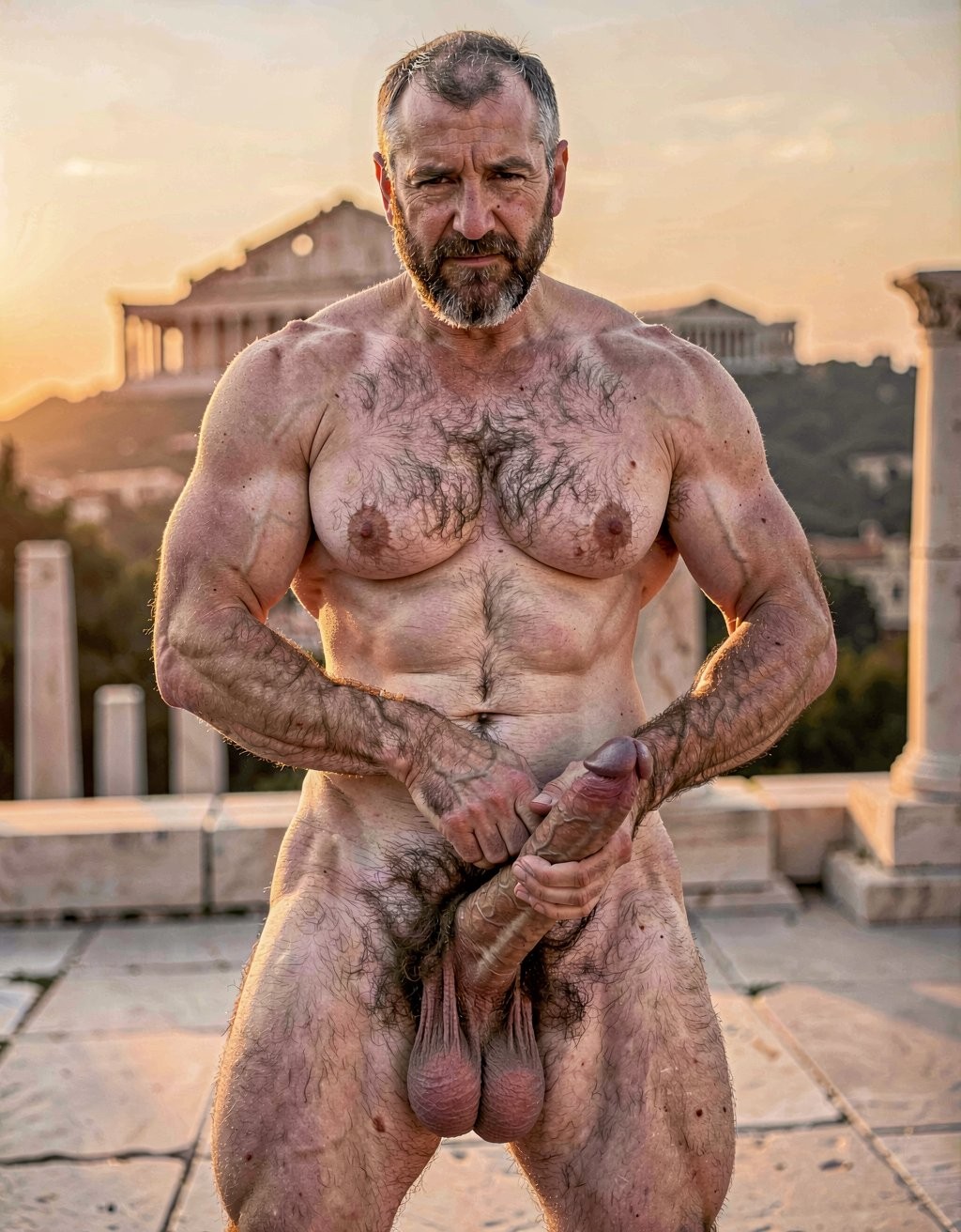 Pericles. A hyper-realistic full-body portrait of completely naked Pericles at 35 years old standing tall under the warm golden light of an Athenian sunset, as if Phidias had carved him from warm living marble and breathed life into him. Perfectly proportioned athletic body, 172 cm, 75 kg, 5% body fat, imposing and dignified presence. Elongated “onion-shaped” skull, short dark brown military-cut hair with silver at the temples, short dense well-groomed dark brown beard and finer trimmed mustache framing a stern aristocratic face with deep-set intense brown eyes. Strong muscular neck, broad rounded shoulders, powerful hairy pectorals with vertical dark trail, small dark hardened nipples, sharply defined abdomen with thick treasure trail leading to a dense curly dark pubic bush. His thick 22 cm erect penis with a slight upward curve, prominent veins along the darker shaft and flushed glans. Pericles is actively masturbating, sliding his right hand up and down the shaft with a steady rhythm. He grips his penis in a precise cylindrical hold: the index, middle, ring and pinky fingers of his right hand curved naturally around the lower perimeter on the front side of the shaft, slightly separated and perfectly adapting to its contour; the thumb positioned on the opposite rear side, also curved naturally around the lower perimeter, pressing gently to secure the grip. The hand conforms perfectly to the cylindrical shape with realistic finger placement and natural joint flexion. Heavy low-hanging testicles, firm round muscular ass, powerful veiny legs covered in dark hair, large masculine feet with the second toe slightly longer. Ultra-detailed skin texture, visible veins and subtle sweat sheen, razor-sharp anatomy, soft warm golden side lighting that sculpts every muscle and hair follicle, museum-quality historical sensual realism, softly blurred Acropolis at sunset in the background.