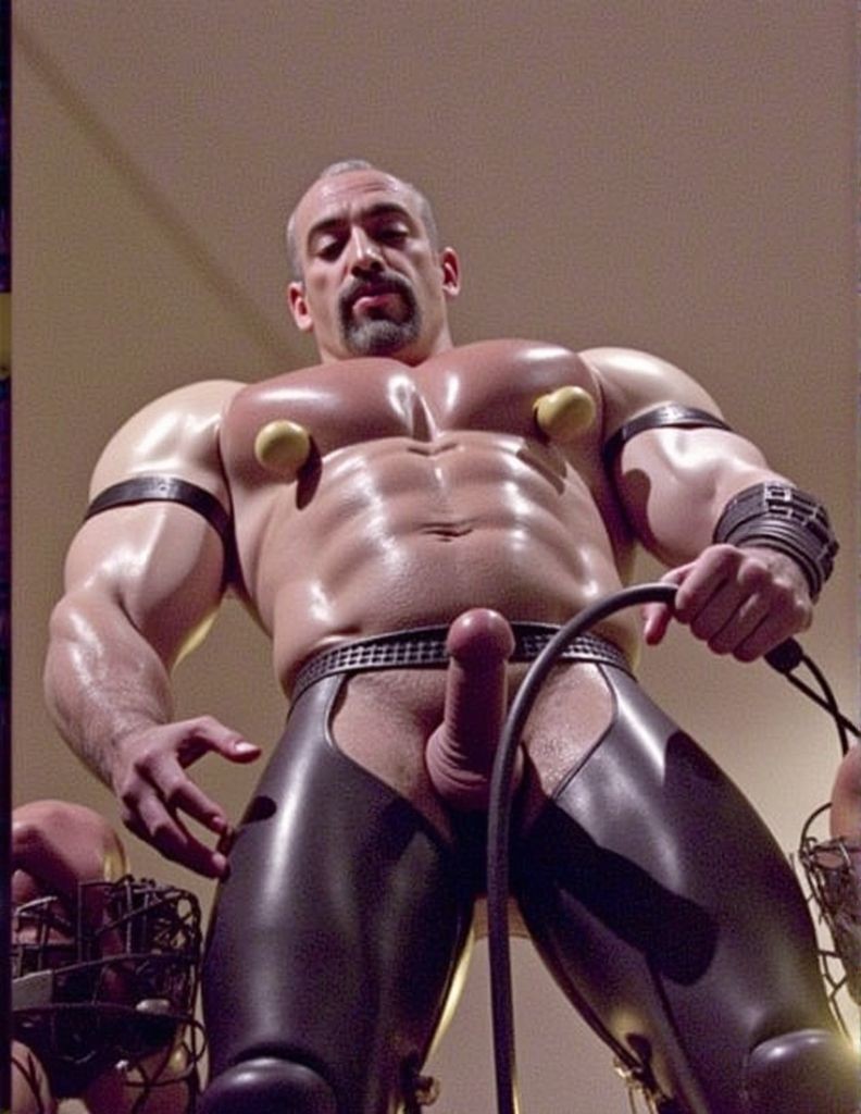 Amo sudoroso con pantalón chaps y ventosas en los pezones, lleva un látigo de cuero. Tiene bigote y expresión de dominio. Hay juguetes sexuales a su alrededor. 