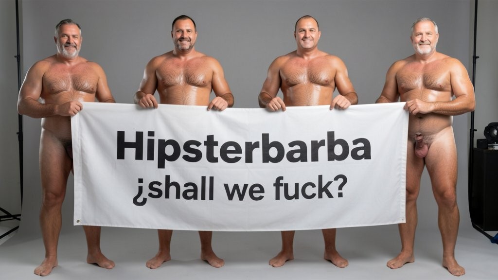 Four naked muscular men holding banner text (Hipsterbarba amor) ultra high quality 8K photorealistic: El Comandante Spanish military leader 45 years short gray hair stern commanding face muscular trained body 185cm 85kg standing far left holding left edge of banner with both hands completely naked massive erect uncircumcised penis 25cm thick veiny shaft visible below banner heavy balls alpha dominant stance, Soldado Bartolo Spanish soldier 35 years thick dark full beard short hair very hairy muscular chest arms legs groin 180cm 80kg standing center-left holding banner completely naked large erect uncircumcised penis 18cm thick visible hairy balls masculine hairy build playful smirk, Superman alien superhero 195cm 100kg perfect bronzed smooth hairless skin short black hair with characteristic curl bright blue eyes massive superhuman muscles standing center-right holding banner completely naked enormous erect penis 23cm steel hard thick shaft visible smooth heavy balls god-like physique confident smile, General Rodolfo Castaños 60 years short gray military hair thick gray mustache experienced muscular body 175cm 75kg standing far right holding right edge of banner completely naked thick erect penis 20cm visible mature heavy balls military bearing knowing expression, all four men standing in horizontal row full body visible head to feet holding between them large white fabric banner at chest level with bold black letters spelling Hipsterbarba ¿follamos? question mark clearly readable professional typography banner stretched tight all four erect penises balls completely visible below banner military office background professional studio lighting 8K photorealistic resolution masterpiece quality inviting expressions.