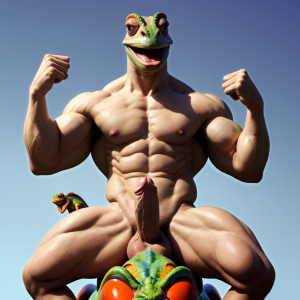 Un chico desnudo, con la polla dura, mojada y soltando gotas de leche,exageradamente grande, y los huevos exageradamente grandes tambien, con un cuerpo grande musculado, con los pechos exageradamente grandes, el pecho algo peludo, y unas piernas exageradamente musculadas, con unos huevos grandes, con cara de humano tonto, disfrutando, cachondo, babeando, con la lengua fuera y fuera de sí. Con los brazos arriba mostrando sus musculos y las axilas, y los pies en alto mostrando las plantas de los pies. Subido sobre un camaleon gigante con la misma cara de disfruton