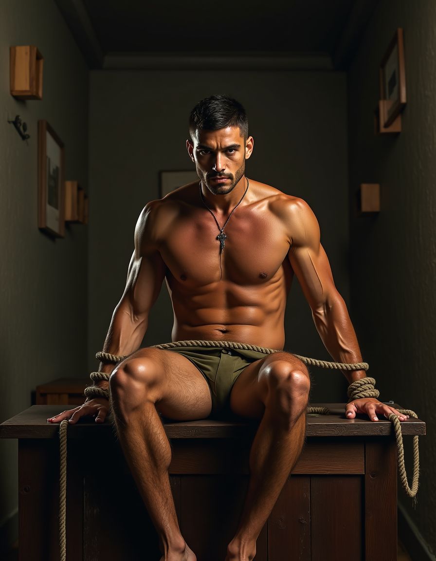 Un soldado desnudo de cintura para arriba, con músculos bien definidos y una complexión atlética, se encuentra  tumbado sobre una mesa de madera oscura en una habitación iluminada con luces tenues. Sus manos y pies están atados firmemente a los cuatro ángulos de la mesa con cuerdas gruesas, lo que le impide cualquier movimiento. Su torso desnudo muestra una piel morena y bronceada, con gotas de sudor resbalando por su pecho y abdomen. Su cabello es corto y oscuro, y su mirada es de sumisión y rendición. La mesa, con sus patas gruesas y su superficie lisa, parece ser el centro de atención, con el soldado como objeto de exhibición. La iluminación suave y cálida resalta los contornos de su cuerpo, destacando su anatomía muscular y su vulnerabilidad en esa posición. El fondo de la habitación es borroso, con sombras oscuras que contrastan con la claridad de la escena principal, donde el soldado se encuentra inmovilizado y expuesto. La escena es hiperrealista, con detalles precisos y una calidad fotográfica que invita a la observación detallada.
