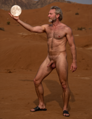 Enrique es un hombre muy delgado de 50 años, tiene cabello largo con canas blancas, tiene barba blanca abundante y larga. Está totalmente desnudo, en su mano derecha lleva una bola de 10 cm de diámetro de cristal, es mágica y está iluminada reflejando la  cara de un hombre desnudo con un pene erecto con dos testículos peludos, eleva la bola hacia el cielo ofreciéndola a la Luna. Enrique tiene un cuerpo muy delgado con músculos marcados y definidos. 💪🏼. Tiene un pene erecto de 36,8 cm de longitud y 7,9 cm de diámetro. Tiene mucho vello corporal blanco en su pecho, tiene mucho vello en sus brazos y tiene mucho vello en sus piernas. Está en la arena del desierto entre grandes dunas de arena color terracota. Tiene la piel morena bronceada por el Sol. Tiene sandalias en sus pies. Está mirando a la Luna mientras levanta la palma de la mano derecha señalando la Luna 🌓 