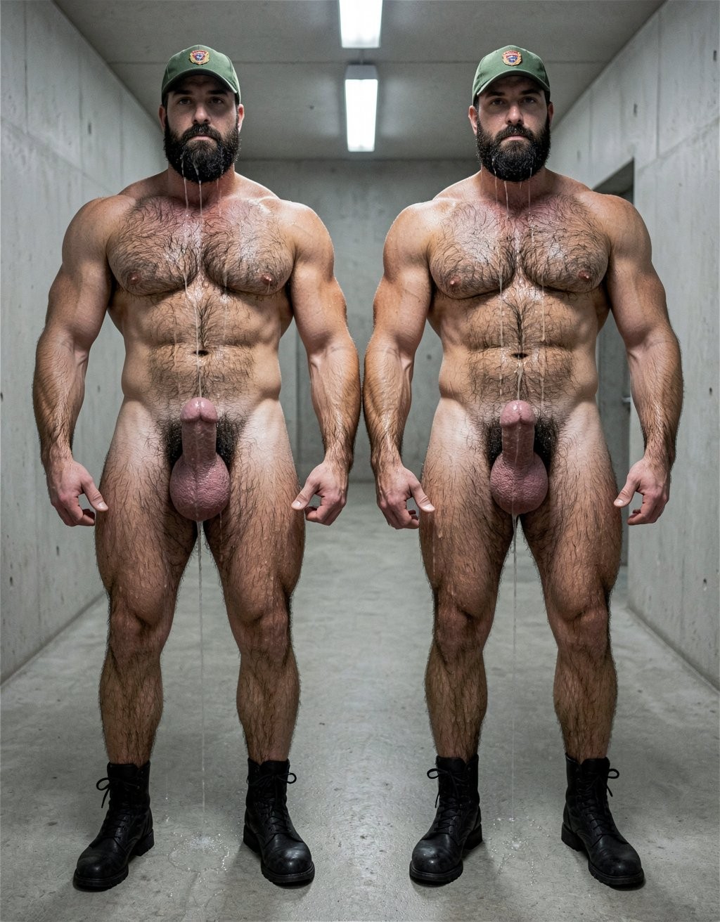 Masterpiece museum quality professional award winning cinematic photograph shot on Hasselblad H6D-400c MS medium format camera with Hasselblad HC 80mm f2.8 portrait lens at f11 for maximum depth of field capturing formal military presentation in concrete barracks hallway, two extraordinarily muscular hyper-developed soldiers standing at strict military attention completely naked except for military caps and combat boots bodies glistening wet, camera positioned at exact eye level approximately eight feet away shooting straight forward capturing both men's complete bodies front view from boots to heads in absolutely perfect razor sharp focus with extraordinary clarity and microscopic detail, harsh fluorescent strip lighting overhead creating dramatic even illumination reflecting brilliantly off wet skin, Spanish military soldier Odelia positioned left side of frame standing rigidly at attention his entire powerfully muscular completely naked body clearly visible perfect front view glistening wet, Odelia's ruggedly handsome masculinely bearded face clearly visible front view staring straight ahead past camera expression of absolute discipline and focus, thick full dark beard perfectly trimmed dripping wet water running down, deep intense brown eyes fixed forward unblinking, strong jaw clenched, olive green military regulation cap positioned perfectly on head dark fabric with Spanish military insignia badge centered front, water streaming down face dripping off chin running down thick neck, Odelia's enormously broad massively thick hyper-muscular shoulders clearly visible, absolutely gigantic deltoids all three heads massively separated like three individual muscles, extraordinarily thick muscular neck veins bulging, entire shoulders covered completely in extraordinarily dense dark coarse body hair soaking wet matted flat and glistening brilliantly like polished metal under lights, Odelia's absolutely massive hairy chest clearly visible front view enormously hyper-developed pectoral muscles incredibly thick and full jutting forward, dark erect nipples pointing down, extremely deep cleavage between enormous pecs, entire chest covered in extraordinarily dense dark body hair soaking wet shining brilliantly water droplets running down between pecs, Odelia's incredibly thick powerful arms hanging rigidly straight down sides pressed against body in perfect military attention position, fists clenched tight knuckles white, absolutely massive biceps relaxed but still enormous twenty-one inches around peaks visible, thick forearms covered in thick bulging veins like cables, both arms covered completely in dense dark hair soaking wet dripping, Odelia's incredible ten pack abdominal muscles clearly visible running down center each rectangular segment extremely deeply defined and separated with very deep grooves shadows, dense dark abdominal hair trailing down from chest covering abs but extreme definition clearly visible through hair, Odelia's extremely narrow waist and powerfully developed oblique muscles clearly visible, Apollo's belt clearly defined, water streaming down entire torso, large puddle of water on concrete floor beneath him dripping continuously from soaking wet body, Odelia's enormous thick heavy cock clearly prominently visible hanging down completely relaxed center-left frame between his powerful thighs fully exposed to view dripping wet glistening, massive shaft extraordinarily thick two and three-quarter inches diameter ten inches long even completely soft, large heavy cockhead perfectly shaped dark pink hanging very low, thick prominent veins running along entire shaft clearly visible bulging, thick dense dark pubic hair surrounding base soaking wet matted, water dripping off cock and balls, Odelia's extremely large heavy balls hanging extremely low in relaxed hairy scrotum completely visible right testicle hanging noticeably lower both absolutely enormous size of extra large eggs individual shapes clearly visible through stretched skin covered in dark wet hair, Odelia's enormously thick powerfully hyper-muscular legs clearly visible standing with heels together toes slightly apart perfect military attention stance, absolutely massive quadriceps femoris all four heads vastus lateralis vastus medialis vastus intermedius rectus femoris extremely clearly separated and hyper-defined like individual muscles, extremely thick adductor muscles, massive diamond-shaped calves, entire legs covered completely in dense dark body hair soaking wet water running down, black military combat boots laced perfectly tight regulation style covering feet and lower shins leather highly polished reflecting light, Superman positioned right side of frame standing rigidly at attention his entire enormous incredibly hyper-muscular completely naked body clearly visible perfect front view glistening soaking wet, Superman's strikingly handsome chiseled heroic face clearly visible front view staring straight ahead past camera expression of absolute military discipline, famous dark S-curl visible plastered wet under olive green military regulation cap, piercing bright blue eyes fixed forward unblinking intense, strong jaw clenched, perfectly chiseled features, military cap positioned perfectly on head with Spanish military insignia, water streaming down face dripping off strong jaw running down thick neck, Superman's enormously broad massively thick powerfully hyper-muscular shoulders clearly visible, absolutely gigantic deltoids like three cannonballs each side, extraordinarily thick muscular neck, entire shoulders covered completely in extraordinarily dense dark body hair soaking wet matted flat glistening like glass, Superman's absolutely massive hairy chest clearly visible enormous hyper-developed pectoral muscles incredibly thick with extreme deep separation between them jutting forward, dark erect nipples pointing down surrounded by thick chest hair, entire chest covered in extraordinarily dense dark body hair soaking wet shining brilliantly water streaming down, Superman's incredibly thick powerful arms hanging rigidly straight down sides pressed against body perfect attention position, fists clenched extremely tight, absolutely massive biceps relaxed but still enormous twenty-two inches around peaks clearly visible, thick forearms covered in thick bulging veins, both arms covered completely in dense dark hair soaking wet dripping, Superman's incredible ten pack abdominal muscles clearly visible each segment rectangular extremely sharply defined with very deep separation, dense dark abdominal hair covering but extreme definition visible, Superman's extremely narrow waist and powerfully developed obliques clearly visible, water streaming down entire torso, large puddle of water on floor beneath him, Superman's enormous thick heavy cock clearly prominently visible hanging down completely relaxed center-right frame between his powerful thighs fully exposed to view soaking wet glistening, massive shaft extraordinarily thick two and three-quarter inches diameter ten inches long even soft, heavy cockhead extremely large perfectly shaped dark pink, thick prominent veins along entire shaft bulging clearly visible, thick dense dark pubic hair at base soaking wet, water dripping off cock and balls continuously, Superman's extremely large heavy balls hanging extremely low in relaxed hairy scrotum completely visible left testicle hanging noticeably lower both absolutely enormous size of extra large eggs individual shapes clearly visible covered in dark wet hair, Superman's enormously thick powerfully hyper-muscular legs clearly visible standing heels together toes slightly apart perfect military stance, absolutely massive quadriceps all four heads extremely clearly separated and hyper-defined, extremely thick adductors, massive calves, entire legs covered completely in dense dark body hair soaking wet, black military combat boots laced perfectly regulation style highly polished leather, both men standing absolutely motionless rigid perfect military attention position, heels together, toes apart, legs straight and maximally tensed showing extreme definition, arms straight pressed to sides, fists clenched, massive chests thrust out, shoulders pulled back, chins up, eyes forward fixed unblinking, both completely naked except olive green military caps with Spanish insignia and black highly polished combat boots, both men's entire bodies from broad shoulders down massive chests defined abs hanging cocks and heavy balls down powerful legs to boots covered absolutely completely in extraordinarily dense dark masculine body hair all soaking wet matted flat and glistening brilliantly like polished chrome reflecting lights, water streaming continuously down their faces necks shoulders chests abs cocks balls legs dripping onto floor, their absolutely massive cocks and huge balls completely exposed visible hanging relaxed dripping wet between their hyper-muscular thighs, large puddles on gray concrete floor beneath each man growing, water dripping continuously, concrete walls gray and bare, harsh bright fluorescent strip lighting overhead creating bright even illumination throughout reflecting brilliantly off wet glistening skin and body hair creating dramatic highlights, deep dark shadows emphasizing extraordinary extreme muscle definition and three-dimensional depth, sense of absolute military discipline rigid control extreme masculine power physical perfection and complete vulnerability, both extraordinarily powerful men standing completely exposed naked presenting their massive cocks and huge balls for inspection dripping wet, their massive thick cocks hanging relaxed clearly prominently visible glistening, their enormous heavy balls clearly prominently visible dripping, perfect symmetrical composition two hyper-muscular soldiers at attention, 8K ultra high resolution hyperrealistic photography with extraordinary microscopic detail throughout entire frame, visible water droplets streaming down bodies individual wet matted body hairs skin texture pores muscle striations fiber patterns cock veins testicle shapes scrotal texture, perfect depth of field maintaining razor sharp focus throughout entire frame front to back, perfect exposure perfect natural color balance, masterful museum quality professional military documentary photography composition capturing raw extreme masculine beauty physical hyper-perfection discipline complete submission to authority and total genital exposure.