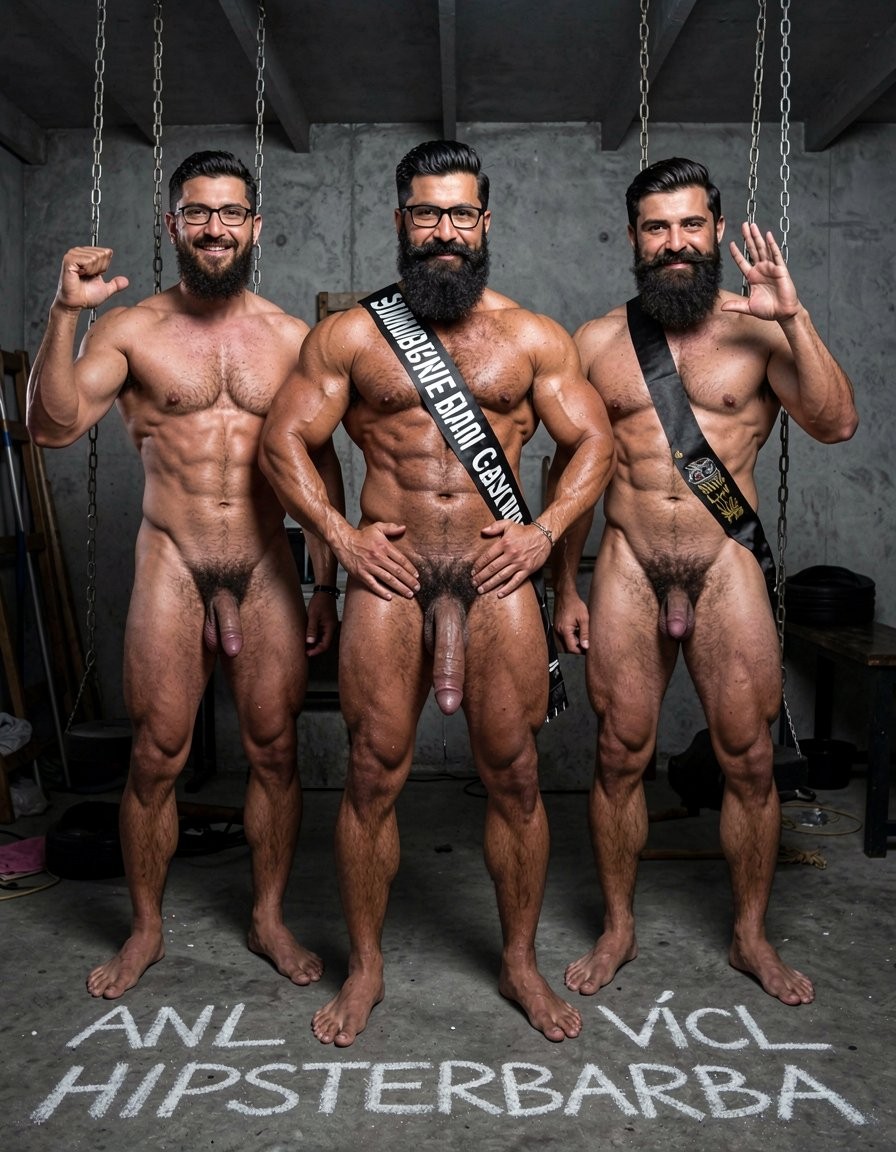 Hyperrealistic cinematic photograph inside a dark brutal dungeon gym with rough concrete floor, hanging metal chains, wooden stocks and BDSM equipment visible in the deep shadows. Dramatic side lighting with hard contrasts, strong highlights on sweaty oiled muscles, deep black shadows, extreme sharp detail and raw intense atmosphere.

Hipsterbarba stands dominant exactly in the center of the frame, completely naked, 40 years old, 180cm 80kg 8% body fat, powerful muscle-bear physique covered in dense dark wet body hair across his thick chest, shoulders, defined abs and heavy thighs. Very long thick Bandholz beard reaching almost to his chest, curled handlebar mustache, black glasses, both hands placed firmly on his waist in a powerful stance, cold superior expression looking straight at the camera with total control.

To his right (left side of the image) stands Anil, 25 years old, extreme bodybuilder slave, completely naked, 175cm 80kg 6% body fat, massive 127cm pumped chest, perfect eight-pack, extremely wide V-taper back, round high 90cm glutes and 70cm competition quads, completely smooth tanned skin from the neck down. Both arms raised and tensed in a strong double biceps pose, showing thick peaked biceps and hanging triceps, thick cock strangled at the base by a shiny metal cock ring, purple and swollen, long strings of precum dripping to the floor. Head slightly lowered in submission but flexing hard, serious devoted expression.

To his left (right side of the image) stands Víctor, 25 years old, extreme bodybuilder, completely naked, 175cm 80kg 6% body fat, massive 127cm pumped chest, perfect eight-pack, wide V-taper, round high glutes and 70cm competition quads, completely smooth tanned skin. A thick black textile victory sash is tightly crossed over his torso from right shoulder to left hip, with large perfectly legible white capital letters in Spanish reading exactly “Esclavo de Gayon” across his chest and abs. He is smiling happily, raising his right hand in a cheerful wave toward the camera, thick cock fully erect and throbbing, heavy balls hanging low.

On the concrete floor directly in front of each man, written in thick white chalk letters, perfectly visible and legible: “HIPSTERBARBA” under the center figure, “ANIL” under the man on the left side of the image, and “VÍCTOR” under the man on the right side of the image.

Full body view of all three men standing in a straight line, raw atmosphere of domination, ownership and humiliation mixed with the cheerful pose of Víctor. Perfect anatomy, proportions, realistic skin texture, sweat, muscle striations and sharp text details. No distortions.