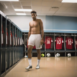 jugador de futbol  de 25 años no musculado de cuerpo normal   en el vestuario sin camiseta marcando una gran poya en pantalones cortos transparentes imagen realista