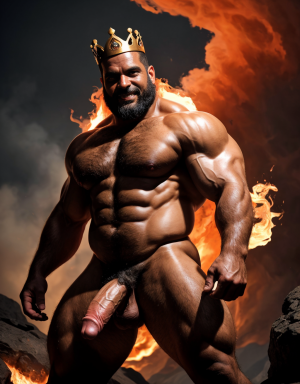 Cneo Pompeyo Magno desnudo con pene grande y testículos grandes peludos. Dobla el brazo derecho para enseñar los bíceps del brazo derecho con gran orgullo. Tiene mucho vello por todo el cuerpo. Está bronceado. Tiene corona de oro. Tiene alas de diablo negras y rojas oscuro. Los brazos están hacia arriba implorando rayos y fuego. Tiene un chorro de fuego en el pene que sale a chorros rojos hacia arriba de su pene erecto tieso hacia arriba. Sus ojos son grandes y rojos. Está enseñando sus grandes testículos. Tiene testículos grandes y oscuros. Está alumbrado con mucha luz roja por todo el cuerpo. Es muy atractivo. Está rodeado de llamas y humo. Tienen cara de maldad y con barba. Se ven los pies. ¿Donde están sus pies? quiero ver los pies