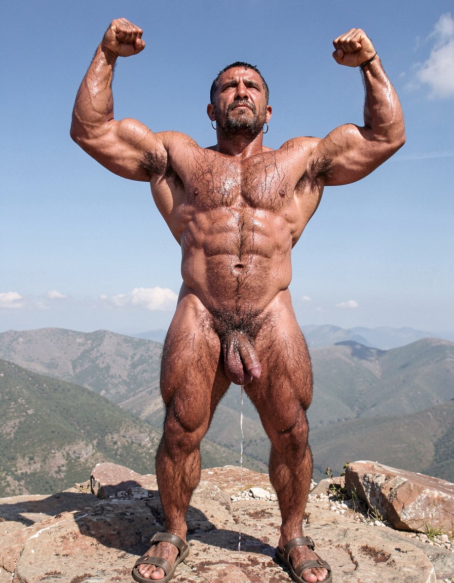 A hyper-masculine ancient Zapotec warrior named Cocijo, 26 years old, standing perfectly still under the brutal midday sun on the rocky summit of Cerro La Cantera in San Pablo Huitzo, Oaxaca, 600 AD. Completely naked except for worn leather strip sandals. Square jaw clenched, thick veiny neck, bronze skin drenched in sweat. Extremely powerful and fully flexed physique: massive square pectorals tensed to the maximum, thick dark wet chest hair matted against the hard muscle, large erect nipples. Deeply carved eight-pack abs glistening with sweat, thick black treasure trail running down to a dense dark pubic bush. Enormous arms raised and flexed hard overhead, biceps bulging like cannonballs with thick veins, triceps perfectly defined and tensed like horseshoes. Thick hairy thighs locked in full tension. His massive 35cm cock is rock-hard and throbbing violently, held tightly at the very base by Gayon Von Neumann’s strong hand, the swollen head continuously leaking thick white precum that runs down the shaft and over the fingers. A thick black leather cock ring is locked brutally tight at the root, behind his heavy balls, making the entire package look painfully swollen, darker and pulsing non-stop. Cocijo stares straight up with total obedience, every muscle in his body still tensed and displayed for inspection. Raw, dominant, extremely virile ancient masculine atmosphere, dramatic sunlight casting strong shadows on every ridge of muscle, hyper-realistic and extremely detailed.