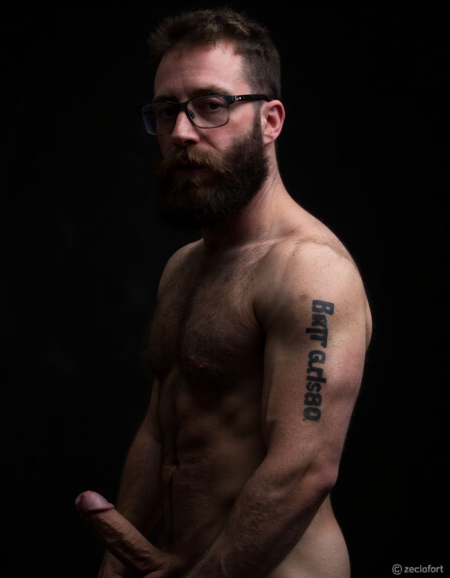 Fotografía hiperrealista de un hombre adulto musculoso a la vista desde las rodillas para arriba hasta la cabeza, rostro masculino idéntico a la imagen de referencia totalmente desnudo con polla erecta de treinta centímetros de longitud y ocho centímetros de diámetro, tiene rasgos marcados duros expresivos, barba densa poblada tupida oscura estilo hipster cubriendo completamente mandíbula mentón mejillas con grosor uniforme textura abundante muy definida, bigote denso tupido oscuro conectado perfectamente con la barba completa cubriendo completamente el labio superior, pelo oscuro medio peinado completamente recto hacia arriba con volumen considerable estilo hipster moderno quiff puntas verticales texturizadas hacia el cielo con altura prominente, cejas gruesas oscuras pobladas muy marcadas definidas, gafas de montura completa negra cuadradas grandes estilo hipster moderno sobre el puente de la nariz enmarcando unos ojos oscuros intensos que miran directamente a cámara con expresión seria penetrante confiada, expresión facial seria masculina sin sonrisa con mirada directa desafiante, pómulos marcados definidos angulares, nariz recta proporcionada, labios medios apenas visibles completamente cubiertos por bigote denso que conecta con la barba hipster completa, torso desnudo muy musculoso con pectorales enormes desarrollados y definidos y velludos peludos, hombros anchos musculosos deltoide prominentes, brazos musculosos gruesos con bíceps y tríceps marcados visibles a ambos lados del cuerpo, abdomen tonificado marcado visible desde la cintura, piel con textura realista detallada poros imperfecciones sutiles, vello corporal denso oscuro abundante cubriendo pectorales abdomen brazos hombros con textura natural masculina muy visible, tatuaje en tinta negra en el bíceps del brazo derecho con la palabra exacta ((