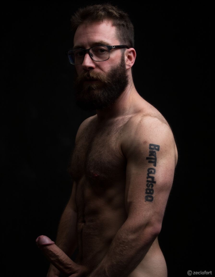 Fotografía hiperrealista de un hombre adulto musculoso a la vista desde las rodillas para arriba hasta la cabeza, rostro masculino idéntico a la imagen de referencia totalmente desnudo con polla erecta de treinta centímetros de longitud y ocho centímetros de diámetro, tiene rasgos marcados duros expresivos, barba densa poblada tupida oscura estilo hipster cubriendo completamente mandíbula mentón mejillas con grosor uniforme textura abundante muy definida, bigote denso tupido oscuro conectado perfectamente con la barba completa cubriendo completamente el labio superior, pelo oscuro medio peinado completamente recto hacia arriba con volumen considerable estilo hipster moderno quiff puntas verticales texturizadas hacia el cielo con altura prominente, cejas gruesas oscuras pobladas muy marcadas definidas, gafas de montura completa negra cuadradas grandes estilo hipster moderno sobre el puente de la nariz enmarcando unos ojos oscuros intensos que miran directamente a cámara con expresión seria penetrante confiada, expresión facial seria masculina sin sonrisa con mirada directa desafiante, pómulos marcados definidos angulares, nariz recta proporcionada, labios medios apenas visibles completamente cubiertos por bigote denso que conecta con la barba hipster completa, torso desnudo muy musculoso con pectorales enormes desarrollados y definidos y velludos peludos, hombros anchos musculosos deltoide prominentes, brazos musculosos gruesos con bíceps y tríceps marcados visibles a ambos lados del cuerpo, abdomen tonificado marcado visible desde la cintura, piel con textura realista detallada poros imperfecciones sutiles, vello corporal denso oscuro abundante cubriendo pectorales abdomen brazos hombros con textura natural masculina muy visible, tatuaje en tinta negra en el bíceps del brazo derecho con la palabra exacta ((