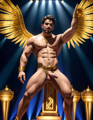 Hermes es el dios de los mensajeros, el comercio, los ladrones, y los viajeros. Tiene sandalias. Tiene pene grande y largo. Tiene testículos muy grandes. Está acariciando su pene con la mano izquierda. Está cantando en eurovisión, está rodeado de bailarines desnudos y apasionados