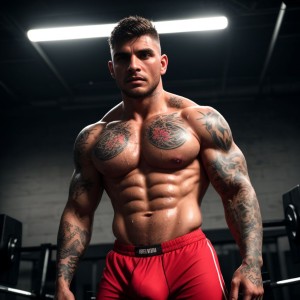Joven scally tatuado, torso desnudo, boxers ajustados, calcetines blancos sudados, mirada desafiante, tatuajes coloridos, fondos de gimnasio, pies sucios y tatuados, calcetines con olor a sudor, toque fetichista, eroticismo intenso, sudor en la piel, musculatura definida.