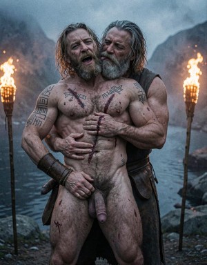 Amleth y Aurvandil..   Dos vikingos de cuerpo entero, plano general, fiordo nórdico al anochecer con niebla baja y antorchas de fuego real con llamas anaranjadas y humo, contraluz crepuscular azul profundo y naranja intenso, iluminación cinematográfica de tres puntos con clave alta, estilo visual de Robert Eggers, grano de película de 35 mm analógico, hiperrealismo extremo, calidad 8K UHD, textura de piel con poros visibles, vello corporal detallado al máximo, sombras profundas y contrastes altos, composición simétrica, lente gran angular 24 mm, profundidad de campo reducida, fotografía de autor, nitidez absoluta, sin ruido digital.

Amleth (Alexander Skarsgård), 29 años, 194 cm, 7% grasa corporal, cuerpo extremadamente musculado y ultra definido, pectorales anchos y marcados, abdominales six-pack definidos, cintura muy estrecha marcando forma en V, hombros desproporcionadamente anchos, brazos en alto mostrando bíceps y tríceps hipertrofiados con venas visibles recorriendo antebrazos y bíceps, piel pálida grisácea con capas de suciedad y sangre seca, cicatriz grande y profunda cruzando el torso de lado a lado, tatuajes nórdicos oscuros de runas y símbolos geométricos cubriendo pecho, hombros y espalda, vello corporal denso y oscuro en pecho y línea alba, pelo rubio sucio largo y enmarañado con mechones más oscuros por la mugre, barba espesa y desigual más larga en la barbilla, ojos azul pálido con mirada desquiciada y brillo de locura contenida, labios agrietados, cicatriz en labio superior que tira ligeramente la comisura. Pene erecto de 22 cm, circuncidado, glande grueso rosado-rojizo oscuro y bulboso, corona marcada, uretra visible y algo abierta, tronco con venas marcadas, frenillo carnoso tirante, vello púbico denso y oscuro en V invertida subiendo hasta el ombligo, testículos grandes colgando asimétricos con escroto arrugado y más claro. Sandalias vikingas de cuero atadas con tiras en los pies.

Aurvandil (Ethan Hawke), 48 años, 190 cm, 8% grasa corporal, cuerpo musculado y fibroso de rey guerrero envejecido, mucho vello en pecho, piernas y brazos, aspecto muy masculino y brutal, pelo canoso largo y despeinado, barba larga y descuidada canosa, arrugas marcadas en el rostro, aspecto chamánico y consumido por los años. Pene erecto visible, grueso y brutal acorde con su estatus de berserker.

Pose: Aurvandil abraza a Amleth por detrás, torso desnudo completamente pegado a la espalda de Amleth, abdominales del rey presionando contra la columna del príncipe. Brazos de Aurvandil rodean con fuerza la cintura de Amleth. Una mano de Aurvandil baja firmemente y agarra la polla erecta de Amleth con los dedos rodeando el tronco. Aurvandil tiene la boca abierta besando y mordiendo el cuello de Amleth por detrás, su lengua visible lamiendo la piel, su barba canosa rozando la nuca y el hombro de Amleth. Amleth tiene la cabeza inclinada hacia atrás apoyada en el hombro de Aurvandil, garganta completamente expuesta, brazos en alto flexionados mostrando bíceps, ojos entrecerrados, boca entreabierta, expresión de gruñido y entrega total. 

