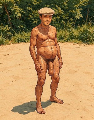 A naked man in a realistic illustration style stands on a sunny dirt road, wearing a light beret on his head and a calm expression as he looks forward. His body is fully visible, with a defined torso, prominent belly, tanned skin with drawn shadows and texture, arms relaxed at his sides, muscular legs, and bare feet on the sandy ground. The penis hangs visibly in the center of the composition. In the background there is dense vegetation, bushes, and green trees creating a natural summer setting, with warm light, defined shadows, and a painted drawing aesthetic.