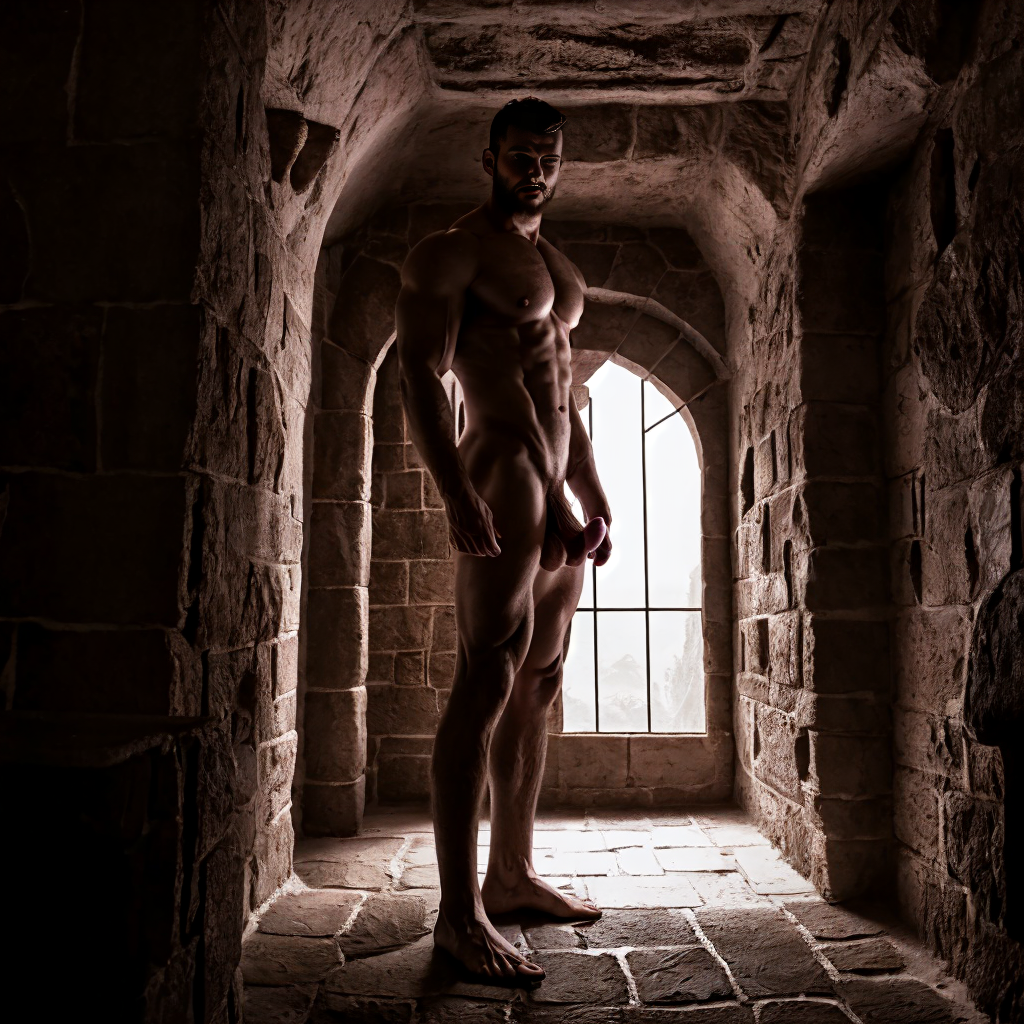 A man standing in a dungeon illuminated by red light, wearing a chastity cage. The dim atmosphere accentuates the stone walls, creating a sense of mystery and allure. His muscular form is highlighted by the light, evoking a feeling of restraint and intrigue.