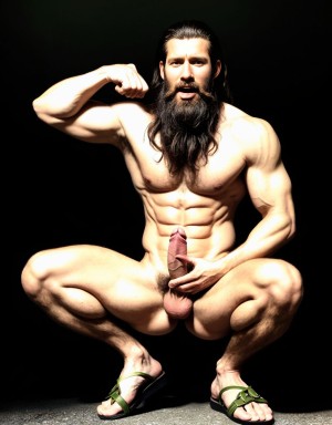 Hombre de 25 años moreno totalmente desnudo. Tiene pene grande perfecto. Tiene testículos grandes con mucho vello. Tiene mucho vello en el pecho. Tiene mucho vello en los brazos. Tiene la cara delgada dura y con barba. Es muy delgado. Está muy delgado. Tiene la boca semiabierta. Tiene sandalias verdes. Su pene está erecto hacia arriba. 