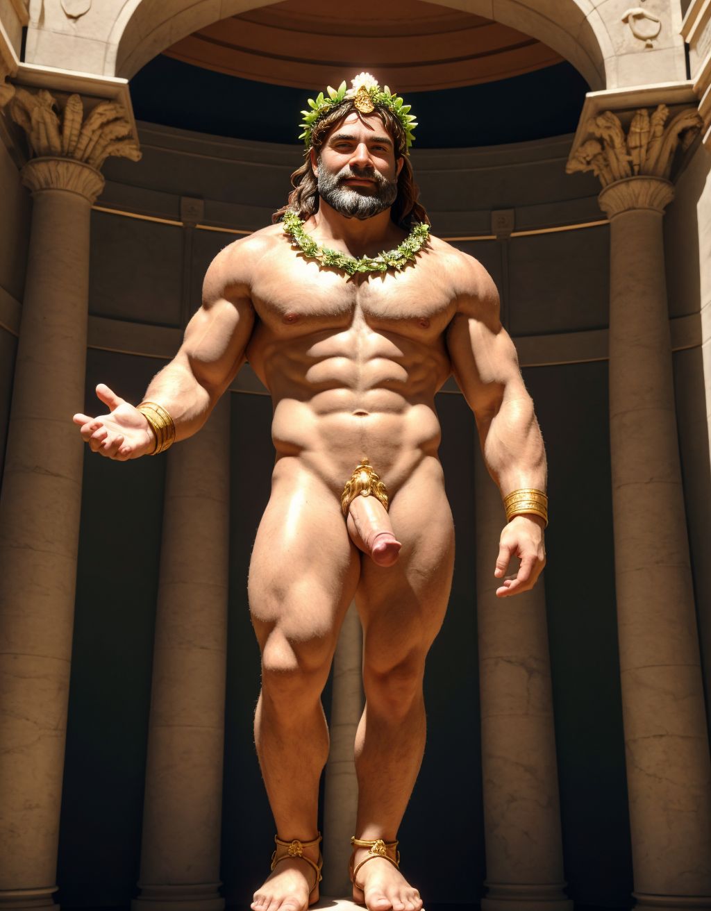 El dios Priapo de Pompeya está desnudo. Priapo es el dios de la fertilidad de la mitología romana. Está en el museo de Nápoles. Tiene un pene muy grande y erecto. Tiene mucho vello por todo el cuerpo. Tiene sandalias en los pies. Tiene músculos muy definidos. Tiene una corona de laurel. Está sonriendo. Levanta una mano para saludar al público. El cuerpo está iluminado con focos de luz blanca.