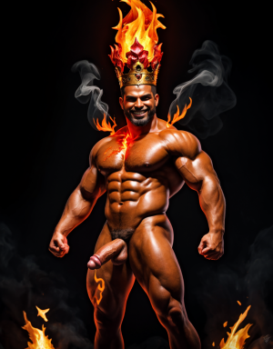 Cneo Pompeyo Magno desnudo con pene grande y testículos grandes peludos. Dobla el brazo derecho para enseñar los bíceps del brazo derecho con gran orgullo. Tiene mucho vello por todo el cuerpo. Está bronceado. Tiene corona de oro. Tiene alas de diablo negras y rojas oscuro. Los brazos están hacia arriba implorando rayos y fuego. Tiene un chorro de fuego en el pene que sale a chorros rojos hacia arriba de su pene erecto tieso hacia arriba. Sus ojos son grandes y rojos. Está enseñando sus grandes testículos. Tiene testículos grandes y oscuros. Está alumbrado con mucha luz roja por todo el cuerpo. Es muy atractivo. Está rodeado de llamas y humo. Tienen cara de maldad y con barba. Se ven los pies. ¿Donde están sus pies? quiero ver los pies. Está delgado.