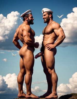 Calígula y Tiberio, desnudos, musculosos y velludos. Tienen penes erectos y testículos peludos. Están sonrientes sobre nubes blancas. Tienen vello abundante en todo el cuerpo. Tienen sandalias en los pies. Están sobre nubes blancas enseñando sus culos perfectos. Están de espalda. Tienen sandalias negras y una gorra marinera.