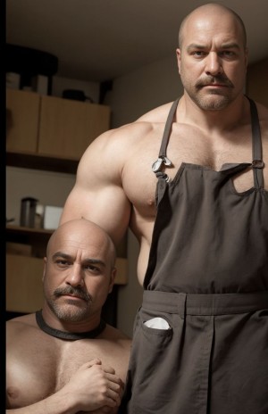 Amo hiper masculino, enorme, con barba, con un delantal viejo, sujeta a un esclavo rapado y con barba por el collar de perro, el esclavo está arrodillado y pide clemencia, al escena se sucede en un calabozo antiguo, lleno de objetos de contenido sexual.