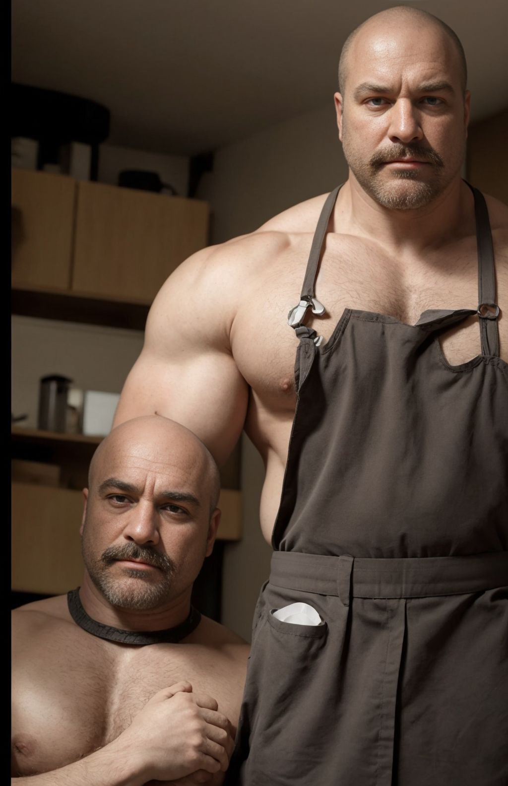Two bald, muscular men pose indoors with kitchen or workshop furniture in the background, lit by warm side lighting that highlights their robust bodies, broad shoulders, and bare chests. The standing man occupies the right side, staring intently with a serious expression and wearing a dark apron fastened around the neck, leaving much of his torso and a very muscular arm exposed; a white cloth sticks out of one apron pocket. On the left, lower down, another seated man appears shirtless, with a mustache, a black strap or collar around his neck, and one hand resting on his chest, conveying an intense, dominant atmosphere charged with visual tension.