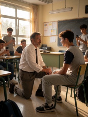 A teacher with a white shirt and tie appears kneeling on the floor of a classroom, in front of a student sitting on a chair, holding a close and serious conversation while gently gripping his knee with one hand. The student is wearing a gray tracksuit and black sneakers, sitting next to a desk. Around them, several classmates watch the scene from their desks and some record or look with their phones, creating a tense and uncomfortable atmosphere. The class is lit by natural light from a large window, with a blackboard, posters, fluorescent light, and school furniture that reinforce the high school context.