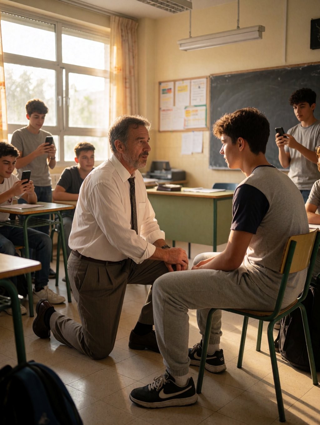 A teacher with a white shirt and tie appears kneeling on the floor of a classroom, in front of a student sitting on a chair, holding a close and serious conversation while gently gripping his knee with one hand. The student is wearing a gray tracksuit and black sneakers, sitting next to a desk. Around them, several classmates watch the scene from their desks and some record or look with their phones, creating a tense and uncomfortable atmosphere. The class is lit by natural light from a large window, with a blackboard, posters, fluorescent light, and school furniture that reinforce the high school context.