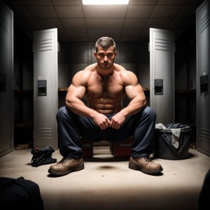 Hombres obreros semi-desnudos, torso desnudo, con pantalones de trabajo caídos, sentados en un vestuario de obra, sudorosos, musculosos, con herramientas al lado, mirándose entre sí, ambiente relajado y masculino, con ropa de trabajo esparcida, detalles de anatomía realista, texturas de piel sudorosa, iluminación cálida y ambiente íntimo.