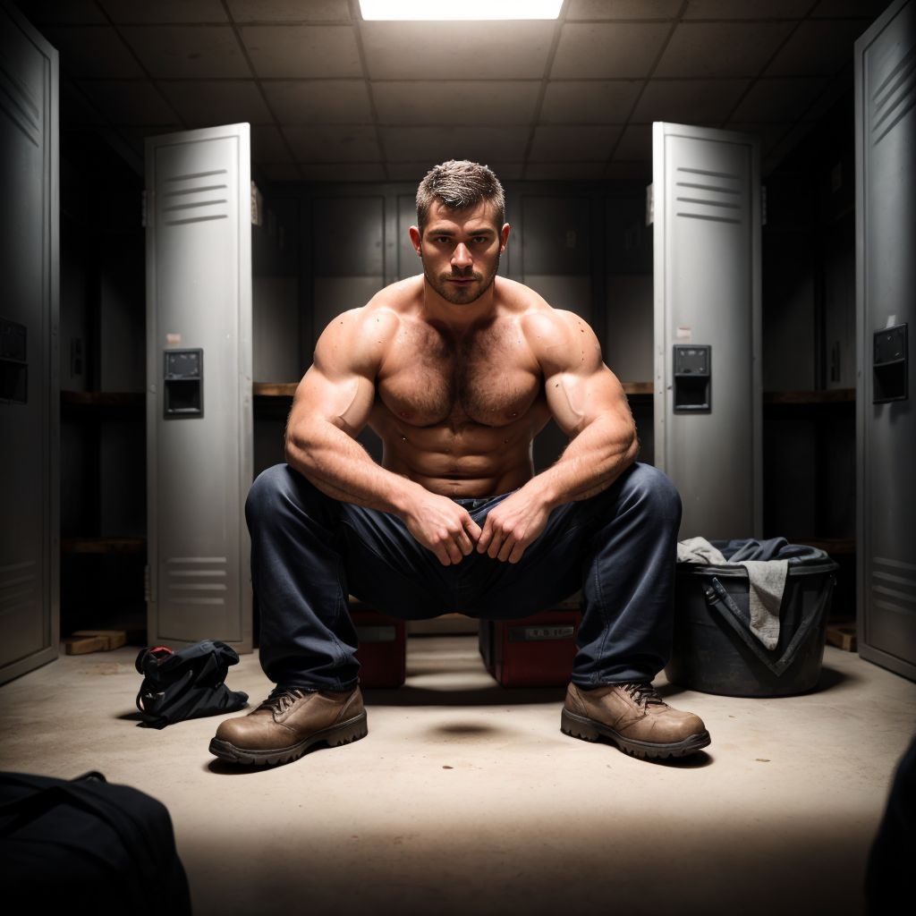 Hombres obreros semi-desnudos, torso desnudo, con pantalones de trabajo caídos, sentados en un vestuario de obra, sudorosos, musculosos, con herramientas al lado, mirándose entre sí, ambiente relajado y masculino, con ropa de trabajo esparcida, detalles de anatomía realista, texturas de piel sudorosa, iluminación cálida y ambiente íntimo.