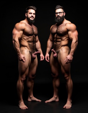 Fotografía hiperrealista de ultra alta definición 8K plano completo frontal de dos hombres españoles completamente desnudos de pie lado a lado mirando directamente a cámara con expresión feroz dominante y cómplice, fondo negro absoluto, iluminación cinematográfica lateral dramática tipo Rembrandt creando contraste brutal. A la izquierda Hipsterbarba: hombre culturista español extremadamente musculoso de 57 años, constitución hercúlea escultural sin un gramo de grasa, rostro masculino anguloso brutal mandíbula cuadrada prominente cincelada cubierta completamente por barba tupida negra azabache densa voluminosa salvaje sin recortar de 8 centímetros de largo formando manto espeso másculo cubriendo mejillas mentón y cuello completo, cada pelo individual distinguible microscópicamente, bigote grueso natural estilizado con pelos perfectamente definidos cruzando labio superior carnoso con puntas hacia los lados, boca cerrada en sonrisa torcida arrogante burlona cínica, labios carnosos apenas visibles entre vello facial denso, gafas de pasta rectangulares gruesas montura negra mate, ojos oscuros profundos penetrantes mirada directa cargada de cinismo dominancia y experiencia, cejas pobladas negras densas arqueadas, cabello negro denso voluminoso despeinado hacia atrás en copete desordenado rebelde con mechones cayendo sobre frente y sienes mostrando textura natural sin producto, cuello grueso masivo musculoso como tronco de árbol con nuez prominente visible bajo vello negro denso ascendiendo desde pecho fundiéndose con barba, trapecios enormes elevados como montañas rocosas a ambos lados del cuello, pecho descomunal con pectorales gigantescos separados hendidura profunda central de 5 centímetros cada fibra muscular estriada visible bajo piel bronceada tensa cubiertos completamente por alfombra densa de vello negro rizado grueso formando manto tupido salvaje sobre toda superficie con pezones oscuros erectos gruesos de 2 centímetros asomando entre pelaje espeso, abdomen perfectamente esculpido tableta de ocho secciones brutales profundas con sombras dramáticas entre cada músculo cortado como con cuchillo cero grasa corporal, oblicuos laterales cortados formando V perfecta, serratos visibles como dedos bajo piel, línea gruesa de vello negro denso descendiendo desde centro del pecho entre pectorales por esternón sobre cada abdominal hasta ombligo profundo donde se ensancha formando trail oscuro salvaje de 5 centímetros de ancho continuando descendiendo sobre pubis, brazos descomunales con bíceps tamaño de melones de 55 centímetros circunferencia con cabezas musculares divididas pico alto y venas gruesas azules serpenteando por toda superficie como cables, tríceps marcados en herradura profunda con tres cabezas separadas, deltoides esféricos estriados como cocos con separación clara entre cabeza anterior media y posterior, antebrazos masivos musculosos cubiertos completamente de vello negro denso con venas prominentes gruesas bajando hasta muñecas anchas, dorsales anchos como alas de murciélago creando V invertida brutal desde hombros hasta cintura estrecha delgada definida, lumbares gruesos marcados, glúteos duros redondos separados, muslos enormes masivos como troncos con cuádriceps perfectamente definidos con cuatro cabezas visibles separadas vasto externo interno recto femoral vasto intermedio, tendones prominentes, aductores gruesos marcados, femorales cortados, pantorrillas voluminosas con gemelos dobles cortados como diamantes, tibiales marcados, venas gruesas recorriendo piernas, pies grandes anchos plantados firmemente, pene enorme grueso completamente erecto de 23 centímetros apuntando hacia arriba 45 grados con glande hinchado grande corona prominente venas gruesas recorriendo todo el tronco circunferencia de 15 centímetros testículos pesados voluminosos colgando tensos entre muslos musculosos, vello púbico negro denso espeso natural sin recortar formando mata salvaje, trail de vello negro ascendiendo desde pubis hasta ombligo, vello corporal negro abundantísimo cubriendo completamente pecho abdomen brazos antebrazos hombros espalda alta piernas muslos pantorrillas pies dorso de manos nudillos dedos en densidad natural masculina salvaje sin recortar formando manto continuo, vello axilar negro denso visible bajo brazos, piel clara ligeramente bronceada tensa sobre músculos con poros visibles micro imperfecciones naturales lunares pecas marcas sutiles venas superficiales azules verdes por todas partes. A la derecha Roque: hombre español musculoso dominante extremadamente definido de 35 años constitución atlética perfecta cero grasa corporal, rostro masculino brutal marcado mandíbula angulosa cuadrada prominente cincelada cubierta por barba negra azabache tupida densa perfectamente recortada de 5 milímetros uniforme cubriendo mejillas mentón con definición precisa contornos limpios, bigote espeso estilizado perfectamente conectado con barba enmarcando boca, labios gruesos carnosos en sonrisa ladeada chulesca arrogante cínica mostrando dientes blancos perfectos, gafas de pasta negras rectangulares gruesas, ojos marrones oscuros intensos con mirada directa desafiante penetrante cargada de dominancia sarcasmo y crueldad, cejas pobladas negras arqueadas expresivas, cabello negro voluminoso denso peinado hacia arriba en pompadour alto de 8 centímetros con textura definida brillos naturales, cuello grueso musculoso con tendones marcados visibles, trapecios masivos elevados, hombros anchos poderosos deltoides enormes como bolas de cañón con estrías visibles, pecho voluminoso con pectorales enormes cuadrados separados hendidura central profunda de 4 centímetros cada fibra muscular visible cubiertos de vello negro denso natural formando alfombra masculina espesa, pezones oscuros erectos grandes de 1.5 centímetros visibles entre vello, abdomen marcado brutal tableta de ocho secciones profundas cortadas con separación clara oblicuos cortados laterales serratos visibles cero grasa, línea de vello negro descendiendo desde esternón hasta ombligo ensanchándose en trail oscuro de 4 centímetros sobre pubis, brazos enormes con bíceps voluminosos de 48 centímetros con pico alto venas gruesas serpenteando por superficie, tríceps en herradura profunda, deltoides estriados redondos, antebrazos masivos musculosos cubiertos completamente de vello negro denso con venas gruesas prominentes, dorsales anchos como alas creando V invertida brutal desde hombros hasta cintura estrecha delgada definida, lumbares marcados, glúteos duros redondos separados, muslos gruesos musculosos masivos con cuádriceps definidos cuatro cabezas visibles femorales cortados aductores marcados, pantorrillas desarrolladas con gemelos dobles cortados como diamantes, venas gruesas recorriendo piernas, pies grandes, pene enorme grueso completamente erecto de 22 centímetros apuntando hacia arriba 45 grados con glande hinchado grande corona prominente venas gruesas azules recorriendo todo el tronco circunferencia de 14 centímetros testículos grandes voluminosos colgando tensos entre muslos, vello púbico negro denso abundante natural sin recortar formando mata espesa, trail grueso de vello negro ascendiendo desde pubis hasta ombligo, vello corporal negro abundantísimo cubriendo completamente pecho abdomen brazos antebrazos hombros espalda alta piernas muslos pantorrillas pies dorso de manos en patrón natural masculino salvaje denso sin recortar formando manto continuo, vello axilar negro denso visible, piel bronceada oscura con textura natural poros visibles venas superficiales azules recorriendo brazos pecho abdomen. Ambos hombres de pie erguidos postura dominante confiada poderosa con piernas ligeramente separadas brazos relajados ligeramente separados del torso mostrando toda su musculatura hercúlea y anatomía completa sin censura, cada detalle anatómico renderizado con precisión fotográfica microscópica extrema, cada pelo corporal individual distinguible con textura dirección grosor natural, cada vena cada músculo cada tendón cada fibra cada textura de piel cada poro visible, músculos tensos definidos iluminados dramáticamente, composición simétrica equilibrada poderosa, iluminación lateral cálida dura creando sombras profundas negras acentuando definición muscular extrema contraste alto dramático, grano fotográfico sutil, colores naturales intensos saturados ricos, estilo fotografía editorial cruda realista documental tipo Helmut Newton, resolución fotorrealista extrema 8K.