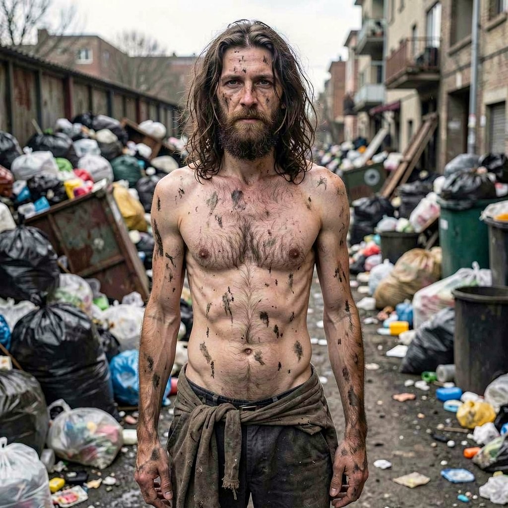 homeless delgado joven  sucio  sin ropa cabello largo con barba  peludo  pene grande  en un basural 