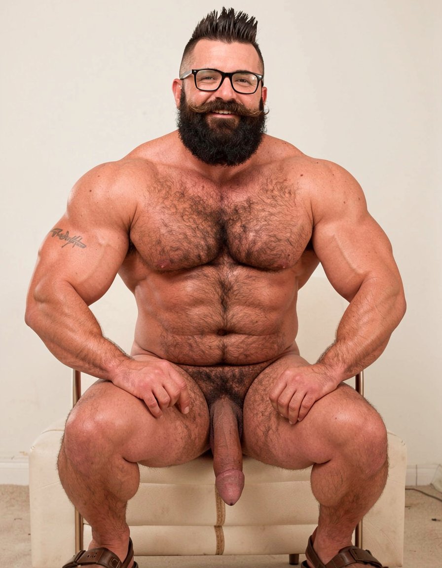 Hipsterbarba, soy Hipsterbarba un hombre de 40 años de edad y de complexión fuerte y atlética, con una estética claramente de muscle bear maduro pero delgado sin barriga y 8% de grasa y muy cuidado. Mi piel es morena clara, ligeramente bronceada, y brilla bajo la luz con un tono cálido; tengo una constitución musculosa de competición, con una capa de 8% de grasa que me da un aspecto potente y masculino; mido 180 cm de altura y peso 80 kg de músculo sólido.
En mi pecho tengo pectorales desarrollados y redondeados, con una clara separación en el centro; el pectoral derecho e izquierdo están bien marcados, con una forma que denota años de press y trabajo en banco; los pezones son grandes, oscuros y ligeramente apuntados.
Tengo un abdomen fuerte con cuatro bloques superiores bien visibles y unos oblicuos marcados que dan forma de V en la cintura; mi abdomen es un Six-pack completamente seco muy definido y marcado y potente; .
Tengo hombros anchos y redondeados con deltoides bien desarrollados; los brazos son musculosos, especialmente los bíceps que muestran una clara curva cuando están relajados, los tríceps tienen buena definición y los antebrazos son fuertes y venosos, los brazos muestran una vascularización prominente con venas marcadas.
Tengo piernas con cuádriceps potentes, con buena separación entre vasto externo e interno y los aductores también están desarrollados.
Tengo una espalda ancha que crea el clásico efecto de “cuerpo en V”, y tengo dorsales potentes.
Tengo un vello corporal denso, oscuro y masculino y tengo la línea alba en el centro del abdomen que refuerza una estética masculina; El pecho está completamente cubierto por vello negro denso y oscuro que baja en forma de trail central muy marcado hasta el ombligo y desde el ombligo desciende hacia el pubis; los hombros y la parte superior de los brazos también están poblados de vello oscuro; el abdomen tiene pelo más fino pero bien visible, concentrado en la línea media, la zona púbica es muy espesa y oscura, y el vello continúa por los muslos.
Llevo un peinado moderno con el pelo corto de punta recto hacia arriba muy cuidado con los laterales y nuca muy cortos, mientras que la parte superior está peinada hacia arriba de punta con algo de volumen y un toque hipster.
Tengo una barba que es mi rasgo más característico, es una barba Bandholz completa, muy densa, oscura negra con algunos reflejos castaños, espesa y bien cuidada que llega casi hasta la mitad del pecho. Es voluminosa pero perfilada.
Tengo bigote grueso que se integra perfectamente con la barba, cubriendo totalmente el labio superior con un estilo clásico y masculino, es un bigote poblado donde los extremos son más largos que el centro y estos pelos largos están peinados hacia los lados y luego se curvan hacia arriba de forma circular en espiral.
Tengo un pequeño tatuaje adaptado anatómicamente a la forma de la región braquial del brazo derecho con las letras de tamaño pequeño: hipsterbarba. 
Llevo gafas de pasta negra de estilo intelectual/hipster.
Mi polla es gruesa, de tamaño generoso incluso en estado flácido, con prepucio parcial y un glande rosado visible, los huevos son pesados y cuelgan bajos, también cubiertos de vello oscuro.
Tengo una postura de persona confiada, segura y firme, mirando directamente a cámara con expresión seria y dominante. Se se ven mis pies muy masculinos 
Tengo las piernas tensadas, tengo la polla erecta tiesa para arriba, estoy riendo. Rodeo con mi mano derecha el perímetro de mi pene. Tengo sandalias en mis pies 
