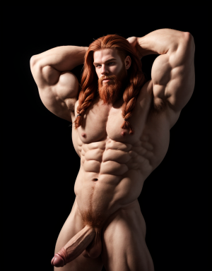 Hombre nórdico de 25 años, cabello rojizo largo, barba tupida trenzada, musculoso y atlético, desnudo, pene visible, posa en fondo negro con iluminación dramática, brazo derecho extendido, brazo izquierdo flexionado, cabeza girada hacia arriba con confianza, sombras profundas acentúan su físico.