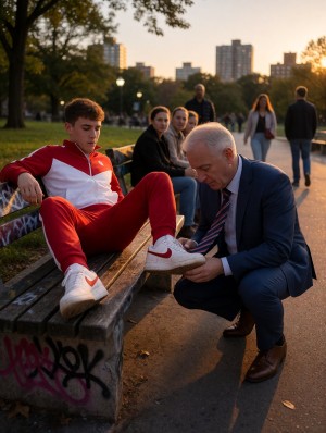 Un hombre mayor con traje azul, camisa y corbata aparece agachado junto a un banco de madera en un parque, sujetando la zapatilla blanca con detalles rojos de un joven sentado de forma relajada. El chico lleva un chándal rojo y blanco con zapatillas Nike, una pierna apoyada sobre el banco y gesto serio, mientras el hombre parece atarle o ajustarle el calzado con concentración. Al fondo, varias personas observan la escena desde el paseo, rodeadas de árboles, farolas encendidas y edificios urbanos desenfocados bajo una luz cálida de atardecer. El banco muestra grafitis en el lateral y el ambiente mezcla espacio público, ciudad, parque y una situación llamativa de contraste entre formalidad y ropa deportiva.