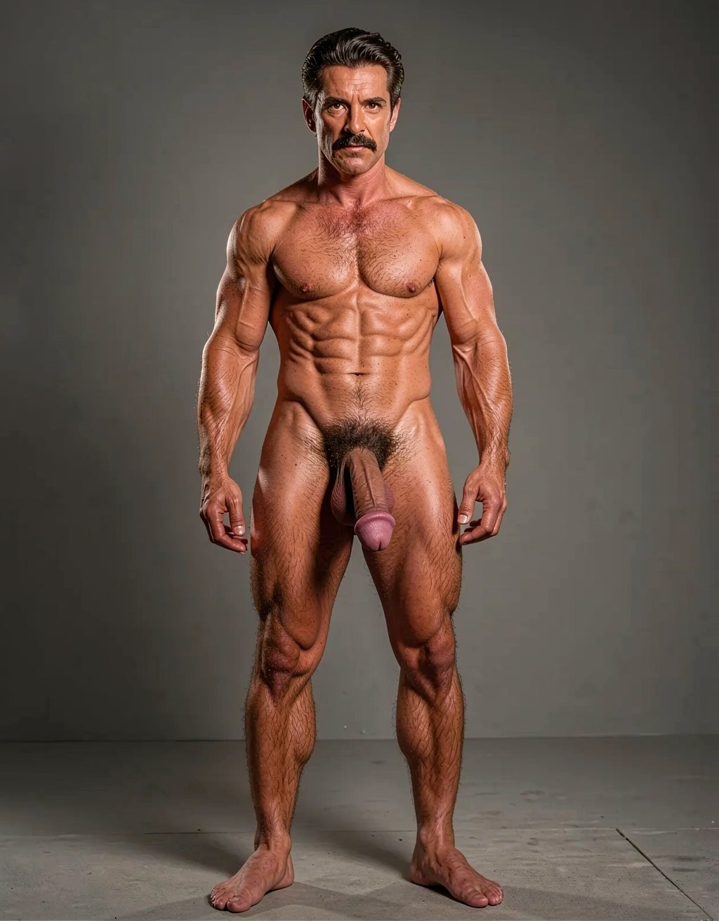Un hombre desnudo posa de pie en un estudio con fondo gris, mirando de frente con expresión seria y bigote prominente. Su cuerpo está muy musculado y definido, con pectorales marcados, abdominales visibles, brazos vascularizados y piernas fuertes, en una postura simétrica de culturismo. La iluminación resalta el tono bronceado de la piel, el vello corporal del pecho, abdomen y pubis, y deja visible el pene entre las piernas. Está descalzo sobre un suelo liso, con una composición frontal, sobria y centrada que enfatiza la anatomía masculina, la musculatura atlética y el retrato corporal de estudio.