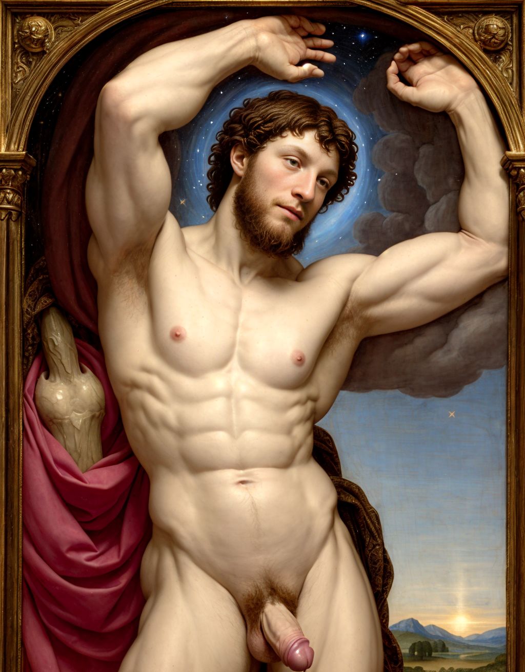 Miguel Ángel fue pintor, escultor y arquitecto renacentista, uno de los mayores artistas de la historia del hombre. Está totalmente desnudo con pene grande y testículos grandes. Tiene mucho vello. Foto muy realista texturas 8k. Rodeados de estrellas y pinturas de colores y sol reluciente que ilumina la cara y todo el cuerpo.