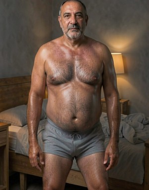 Mature man standing in a bedroom, looking straight ahead with a serious expression and upright posture, dressed only in gray adjustable-waist briefs or shorts. He has a bare torso, tanned and shiny skin, abundant hair on his chest, abdomen and thighs, a short graying beard and very closely shaved hair. In the background there is an unmade wooden bed with gray sheets and a pillow, along with nightstands and a lit lamp casting warm light on a textured gray wall, creating an intimate, domestic atmosphere.