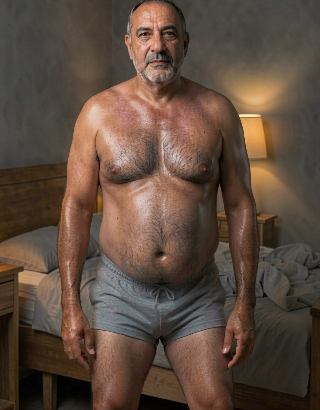 Hombre maduro de pie en un dormitorio, mirando directamente al frente con expresión seria y postura recta, vestido únicamente con unos calzoncillos o pantalones cortos grises de cintura ajustable. Tiene el torso desnudo, piel bronceada y brillante, abundante vello en el pecho, abdomen y muslos, barba corta canosa y el pelo muy rapado. Al fondo aparece una cama de madera deshecha con sábanas grises y una almohada, junto a mesillas de noche y una lámpara encendida que aporta luz cálida sobre una pared gris texturizada, creando un ambiente íntimo y doméstico.