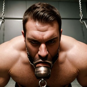 Hombre musculoso y sin camiseta inclinado hacia delante, con expresión intensa y desafiante bajo una iluminación dura que resalta los hombros, el pecho velludo y la tensión del rostro. Lleva un arnés metálico tipo mordaza o bozal sujeto alrededor de la boca y la mandíbula, con una pieza de metal brillante en los labios y una argolla frontal, conectado a cadenas laterales que cuelgan desde arriba como parte de un sistema de restricción. El entorno parece una sala cerrada con paredes de azulejos oscuros, de estética fría e industrial, creando una atmósfera de dominación, bondage y tensión física.