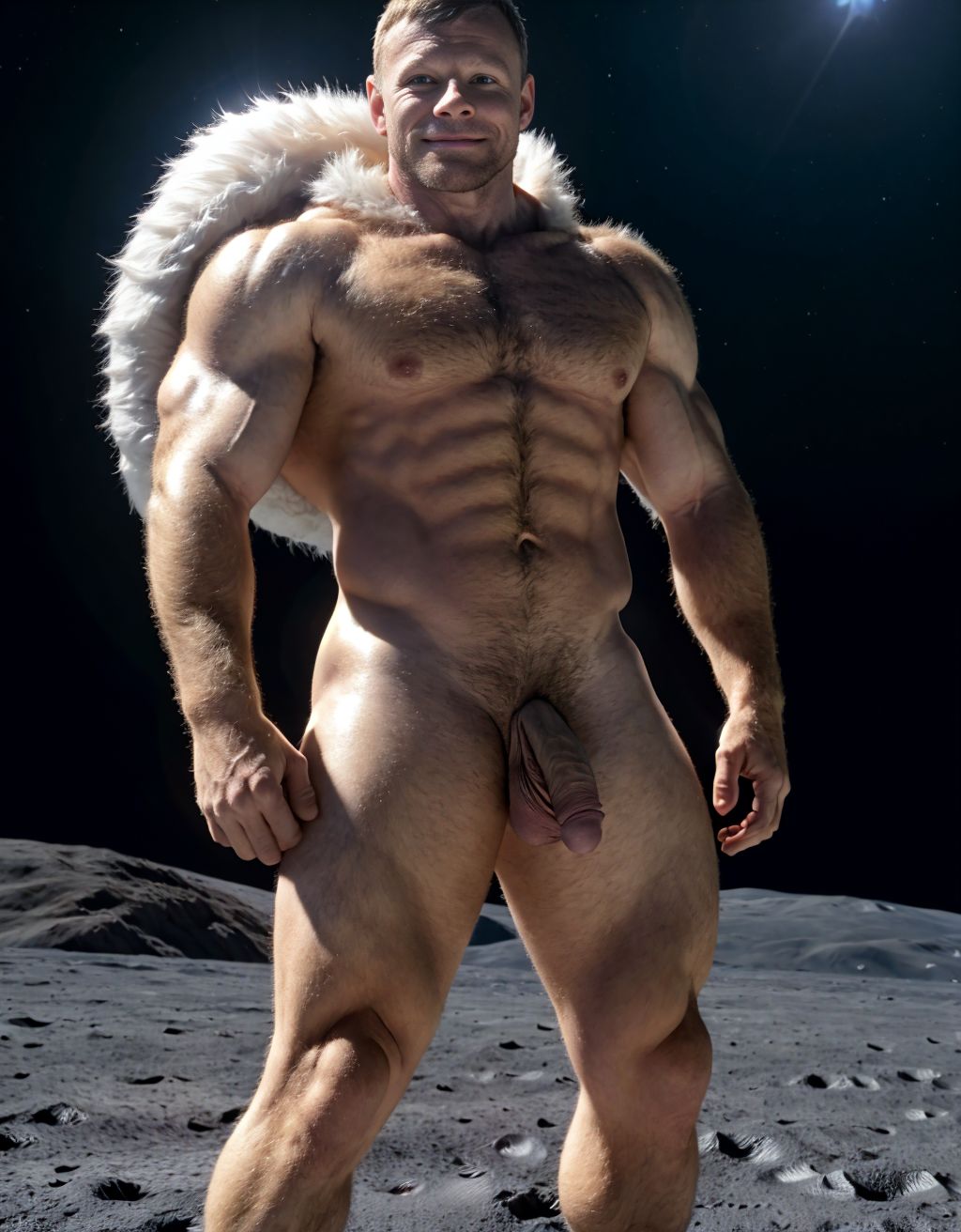 Neil Armstrong desnudo totalmente desnudo. Tiene el pecho con vello y brazos con vello. Está totalmente desnudo de pie y pisando el suelo Lunar. Está musculoso. Tiene pene grande erecto. Tiene testículos grandes. Tiene mucho vello y pelo. Foto muy realista texturas 8k. 