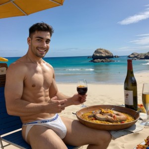 A young man smiles while sitting on a blue lounge chair under a yellow umbrella, shirtless and wearing white swim-brief-style trunks, enjoying a sunny day at the beach. He holds a glass of red wine next to a low table on the sand, where there is a paella pan with yellow rice, seafood, and sausage, as well as a bottle of wine and another partially filled glass. In the background stretches the turquoise sea with small waves, a light sandy beach, and rock formations on the horizon under a clear blue sky, creating a summery scene of Mediterranean food, relaxation, vacation, and coast.