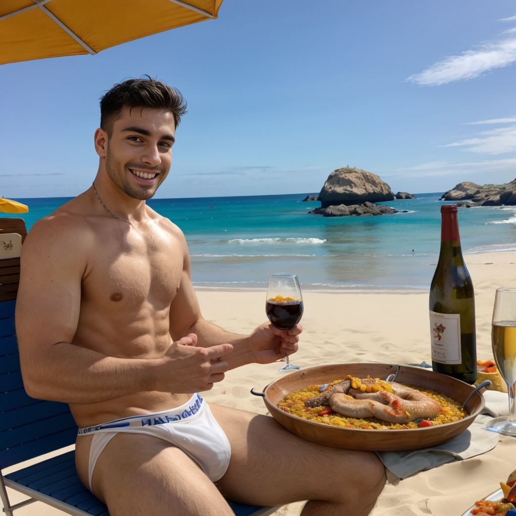 A young man smiles while sitting on a blue lounge chair under a yellow umbrella, shirtless and wearing white swim-brief-style trunks, enjoying a sunny day at the beach. He holds a glass of red wine next to a low table on the sand, where there is a paella pan with yellow rice, seafood, and sausage, as well as a bottle of wine and another partially filled glass. In the background stretches the turquoise sea with small waves, a light sandy beach, and rock formations on the horizon under a clear blue sky, creating a summery scene of Mediterranean food, relaxation, vacation, and coast.
