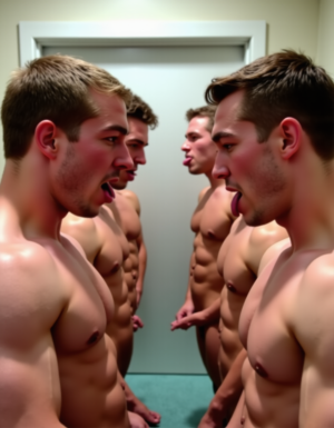 Durante un reconocimiento médico, seis chicos universitarios desnudos de cuerpo entero  muy musculosos están de frente, se sitúan en dos filas mostrando sus grandes penes erectos, Mientas esperan se hacen gestos obscenos.  Fondo de hospital. 