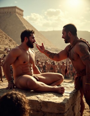 Imperio Romano, después de conquistar Egipto, en un mercado de esclavos frente a las pirámides, un patricio exhibe a su mejor esclavo para la venta ante un gran multitud. El esclavo es joven y atractivo y posa de pie con su mejor sonrisa. Personas de entre la multitud, levantan el brazo para pujar y gritan sus ofertas. 