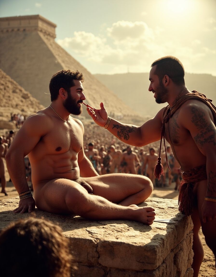 A naked, muscular man sits cross-legged on a stone platform, his torso illuminated by the sun, with a dark beard, a golden necklace, and his genital area partially visible between his thighs. In front of him, another bearded man, with arm tattoos and a bare torso, leans forward in a ceremonial posture, dressed in rustic leather and woven garments, while bringing his hand close to the man’s face as if performing a ritual or blessing gesture. In the background rises a great Mesoamerican pyramid under warm sunset light, surrounded by a crowd in a historical, sacred, and ceremonial atmosphere, with dust, ancient stone, and hazy mountains in the distance.