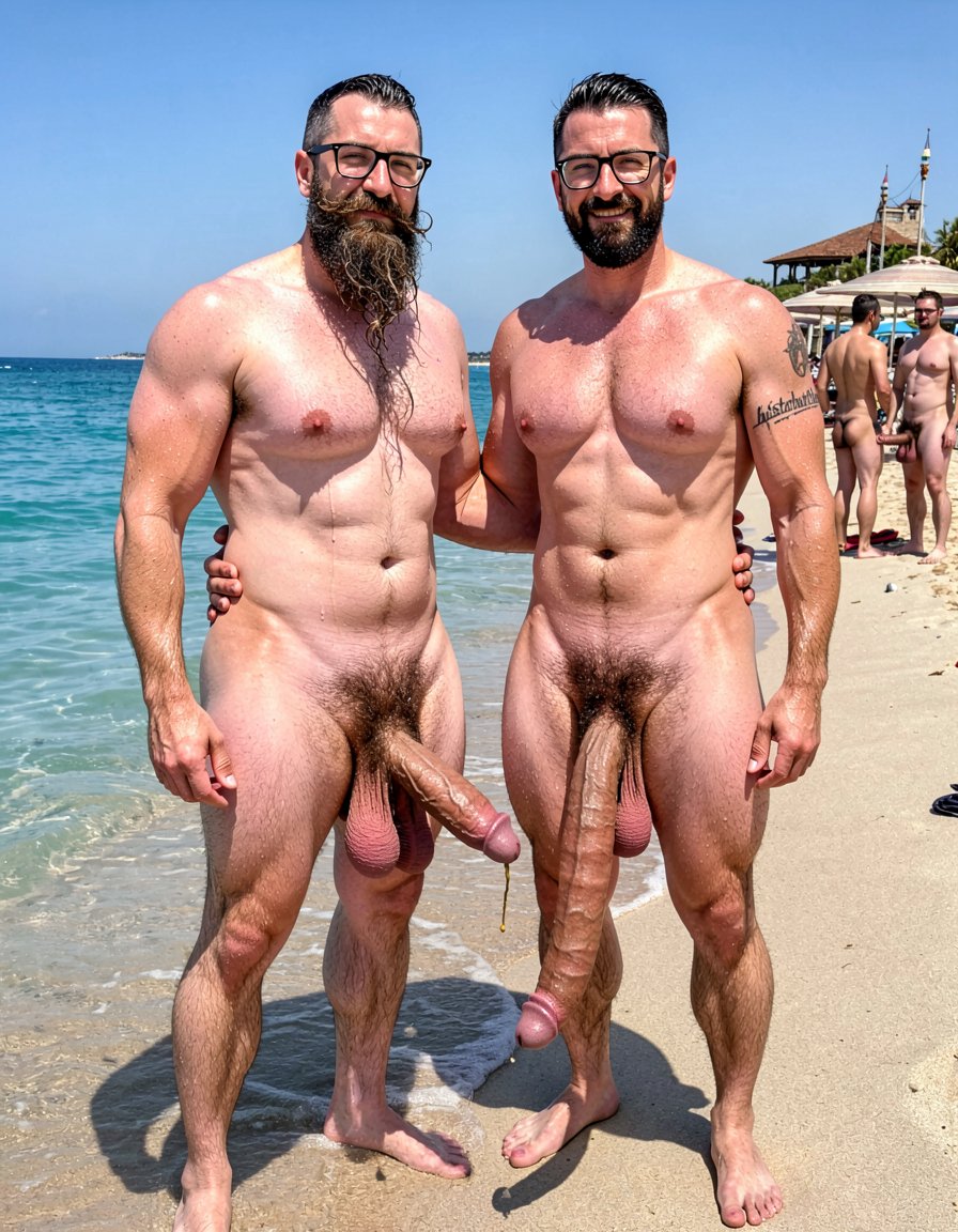 Photorealistic ultra-detailed cinematic midday shot at El Playazo nudist beach in Vera Playa, Almería. Hipsterbarba and Ferran standing side by side on the hot sand right at the water's edge, both completely naked, shoulder to shoulder, under harsh bright Mediterranean sun. Hipsterbarba is 40 years old, 180cm, 80kg, 8% body fat, zero belly, extremely dry shredded six-pack with visible linea alba, dense black chest hair, thick trail of dark hair from navel to heavy bush, powerful vascular arms and shoulders, strong hairy quads with defined vastus, hamstrings and adductors, high fade undercut haircut, extremely long thick well-groomed Bandholz beard reaching almost to his navel, big mustache with long curled spiral tips, black hipster glasses, small black tattoo “hipsterbarba” on right bicep. His thick heavy veiny cock hangs semi-hard between his legs, fat glans partially visible under foreskin, heavy low-hanging hairy balls, still dripping thick precum from the previous rubbing. His long beard is wet and sticky with precum.

Ferran stands right next to him, 28 years old, same extreme competition shape, 5% body fat, massive rounded pecs, carved eight-pack, narrow waist, huge veiny arms, short dark stubble, polished high fade, small “hipster barba” tattoo on bicep. His long thick cock is still fully hard, shiny with precum and saliva, heavy balls tight. His hip is touching Hipsterbarba’s, their cocks almost brushing against each other.

Both men stand confident and dominant, sweat glistening on every muscle and black body hair, harsh sunlight creating strong highlights and deep shadows on abs, veins, wet beards and genital details. Turquoise sea gently touching their feet, chiringuito El Pirata visible in the background with other naked muscular men watching them from a distance, some stroking their hard cocks. Hyperrealistic skin texture, individual beard and body hairs, realistic sand and water, sharp focus, raw explicit male scene, cinematic midday lighting.